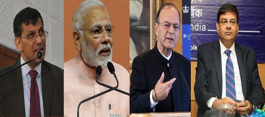 Former RBI governor Raghuram Rajan, PM Modi, Finance minister Arun Jaitley and RBI Governor Urjit Patel