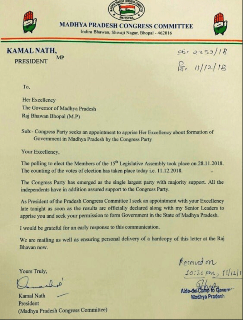 Kamalnath letter, Madhya Pradesh Election result
