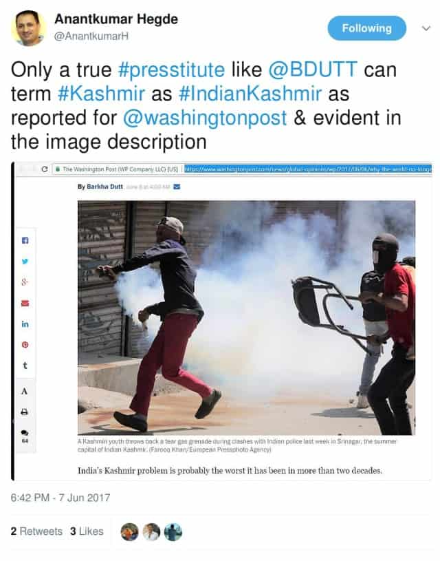 Anantkumar hegde only a true presstitute like bdutt can term Kashmir as Indian Kashmir.