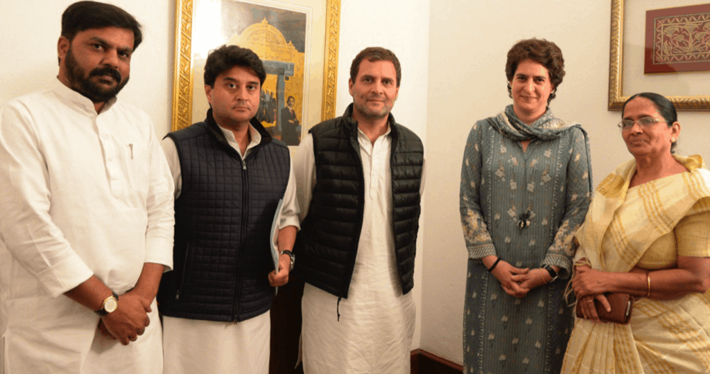 Congress president Rahul Gandhi, Congress general secretaries Jyotiraditya Scindia and Priyanka Gandhi with Apna Dal leaders